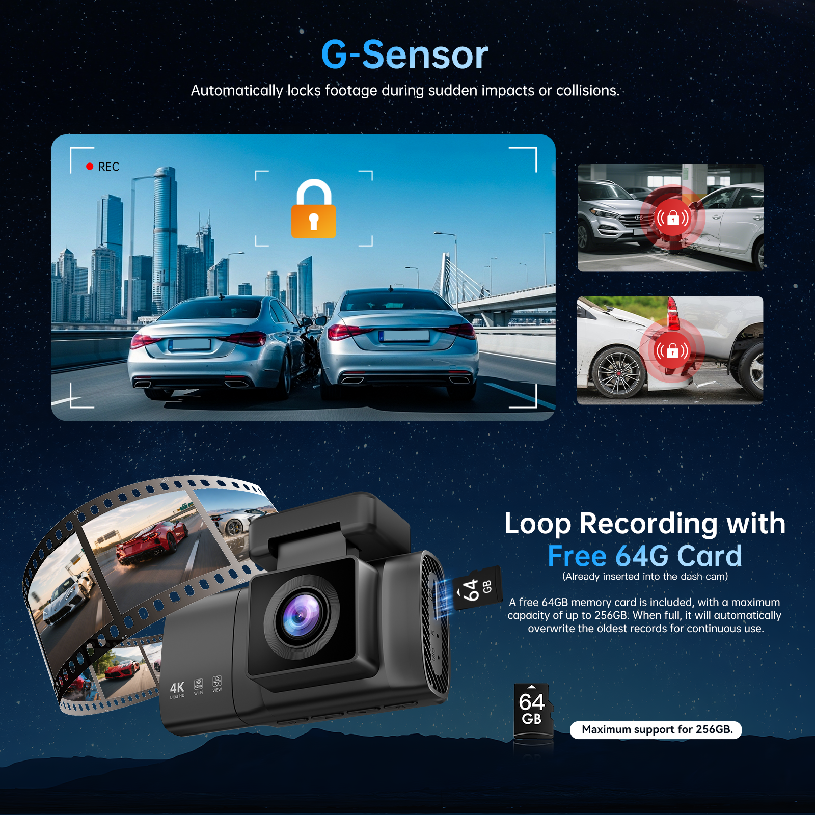 Dash Cam Front Rear and Inside: 3 Channel 4K Dash Camera with 5GHz WiFi IR Night Vision - WDR Car Camera with Free 64GB Card - APP Control Dashcam with 24H Parking Mode G-Sensor Loop Recording(X7)