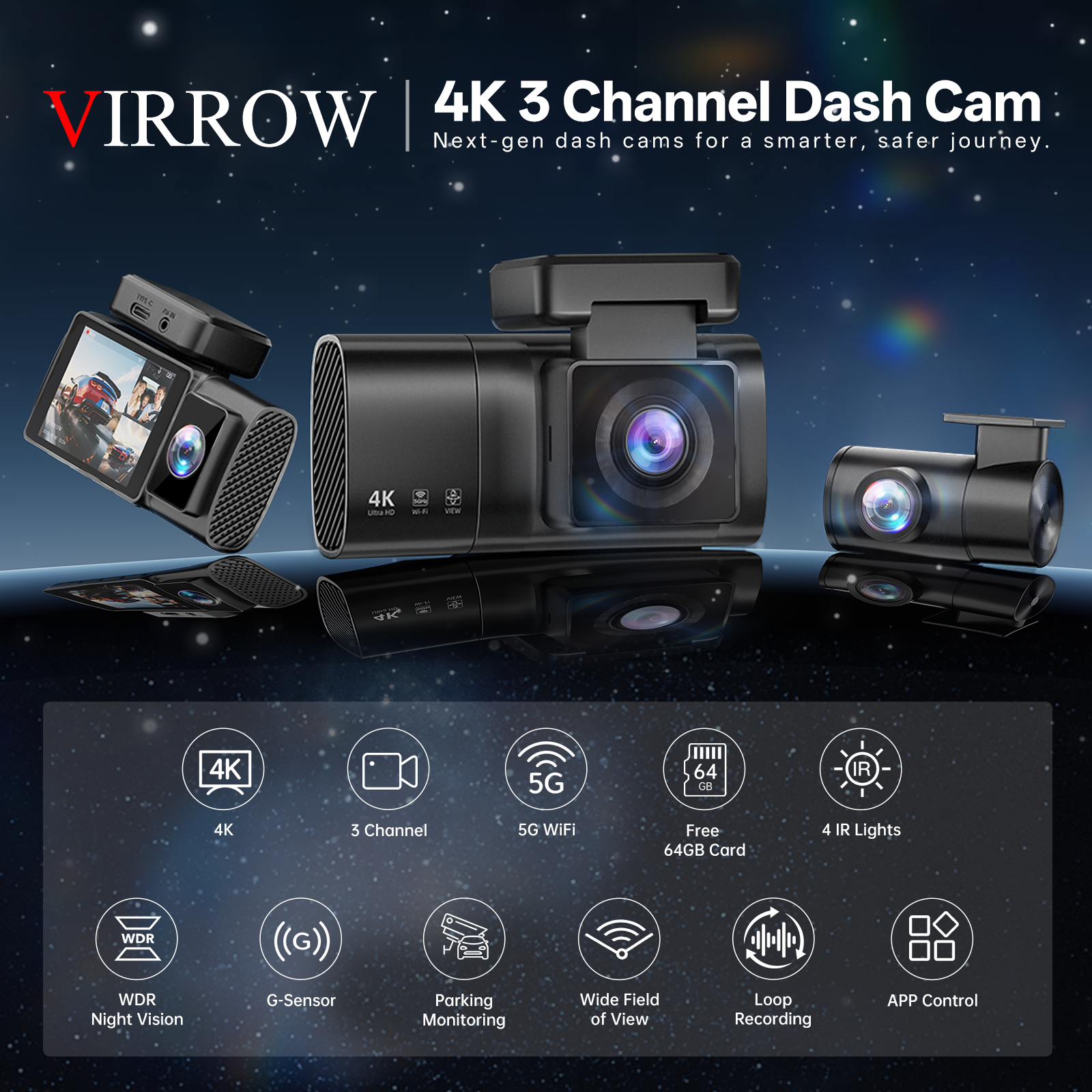 Dash Cam Front Rear and Inside: 3 Channel 4K Dash Camera with 5GHz WiFi IR Night Vision - WDR Car Camera with Free 64GB Card - APP Control Dashcam with 24H Parking Mode G-Sensor Loop Recording(X7)