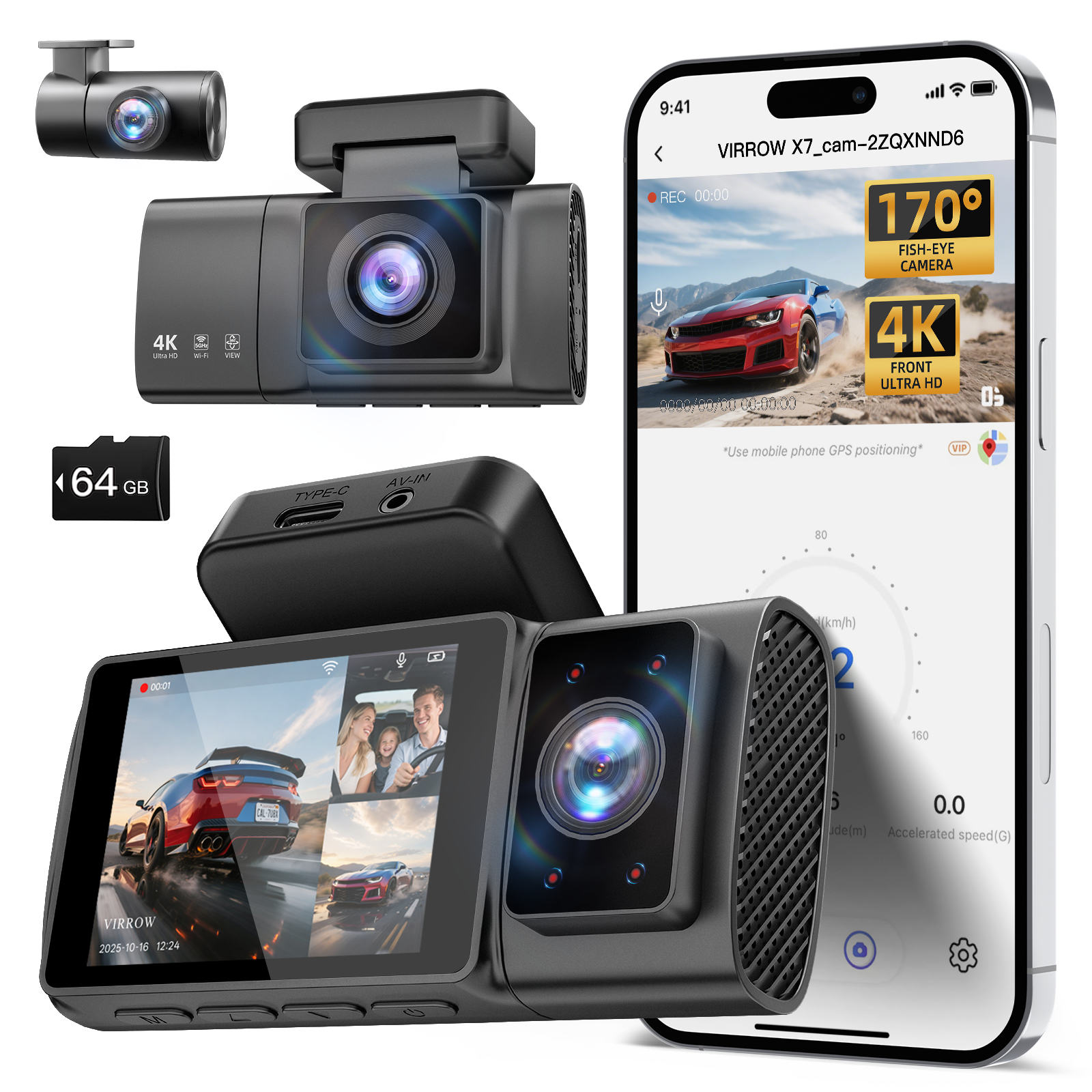 Dash Cam Front Rear and Inside: 3 Channel 4K Dash Camera with 5GHz WiFi IR Night Vision - WDR Car Camera with Free 64GB Card - APP Control Dashcam with 24H Parking Mode G-Sensor Loop Recording(X7)