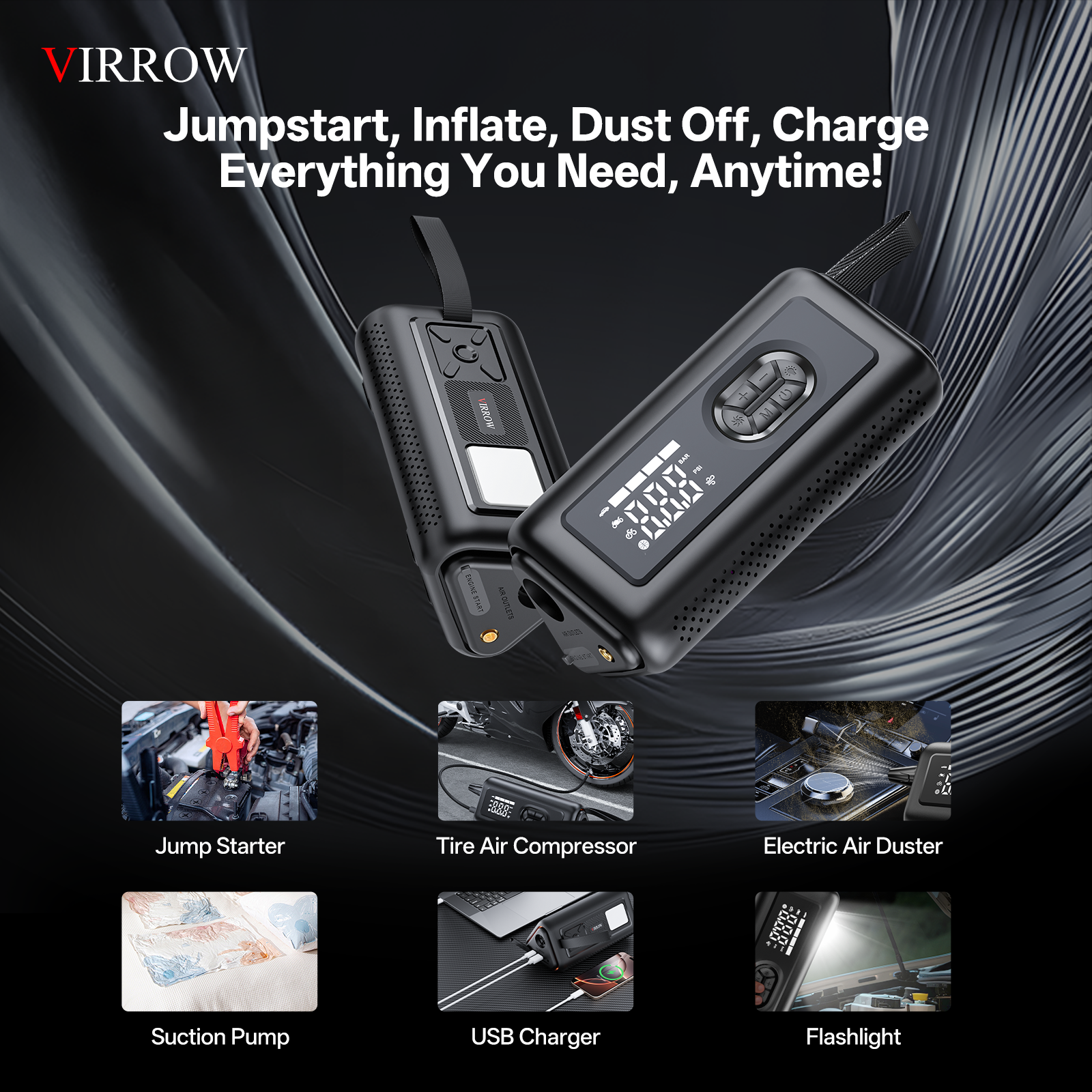 Tire Inflator Portable Air Compressor with Electric Air Duster and Car Jump Starter