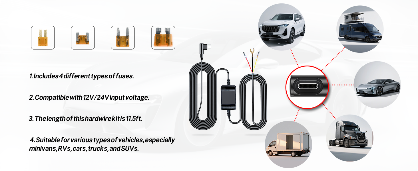 FailingとCountry Road のセット Multi-Size Dash Cam Hardwire Kit, 11.5ft 24H Parking Monitoring