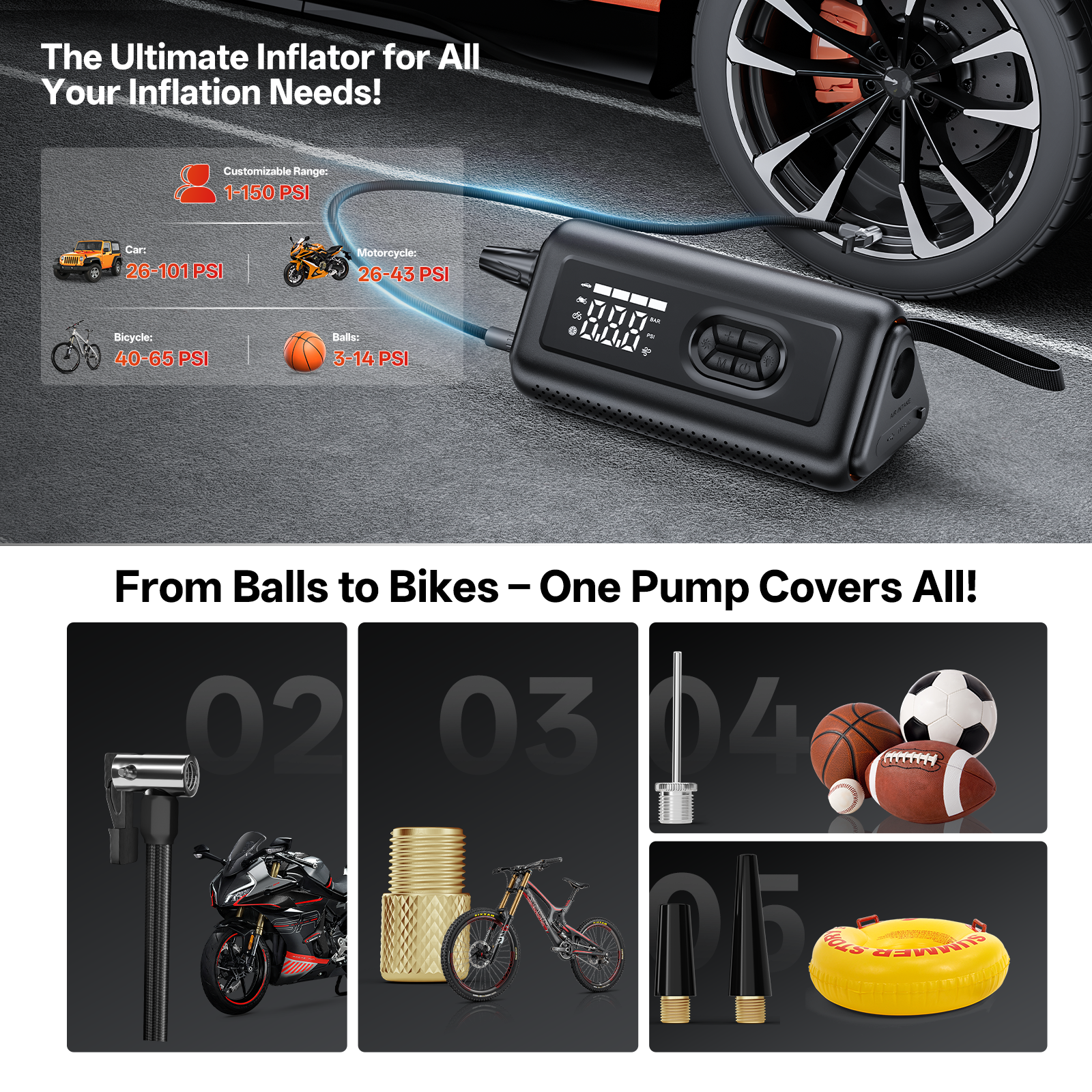 Tire Inflator Portable Air Compressor with Electric Air Duster and Car Jump Starter