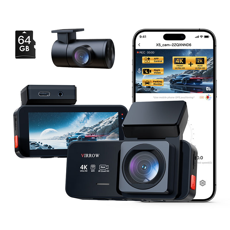 VIRROW X5 フロント＆リアダッシュカム – 4K + 2K ウルトラHD録画、広角ナイトビジョン、内蔵Wi-Fi、24時間駐車監視、無料64GBカード付属